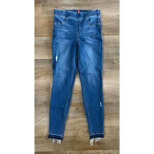 SPANX Pull On Skinny Jeans Women’s M Tall Blue Stretch Raw Hem Jeggings